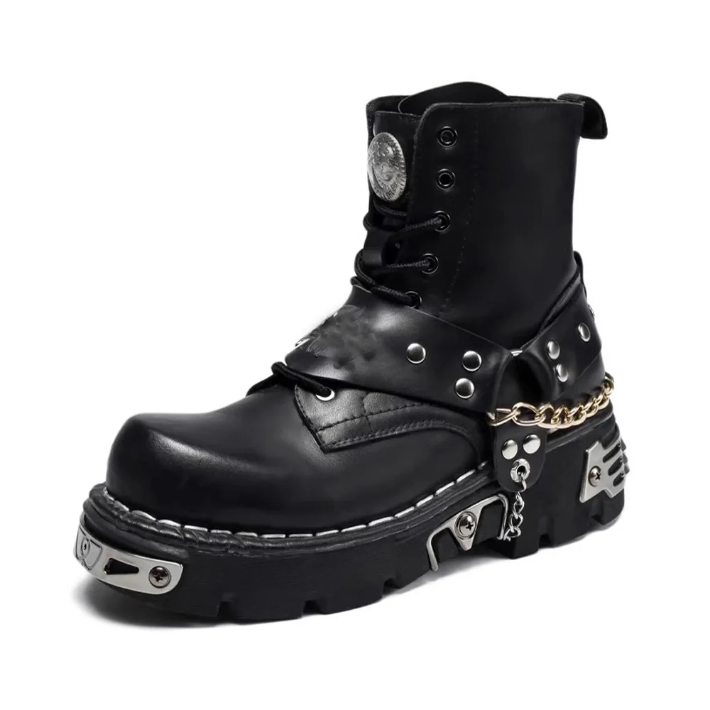 Motorcycle Chain - รองเท้าบูทมอเตอร์ไซค์หนังแท้แฟชั่นผู้ชาย สไตล์พังก์ กอธ ลายหัวกะโหลก ความยาวครึ่งน่อง พร้อมโซ่โลหะ